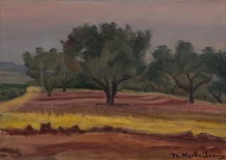 Corinthian Landscape, Olives at Dusk — Oil painting, Canvas, 33.00×46.00cm — Theodoros Markellos